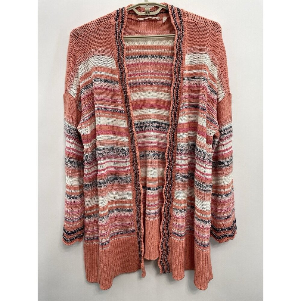 Soft Surroundings Cardigan Sweater Open Front Tunic Stripes Coral Pink Womens L